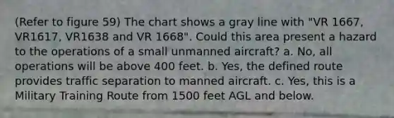 (Refer to figure 59) The chart shows a gray line with "VR 1667, VR1617, VR1638 and VR 1668". Could this area present a hazard to the operations of a small unmanned aircraft? a. No, all operations will be above 400 feet. b. Yes, the defined route provides traffic separation to manned aircraft. c. Yes, this is a Military Training Route from 1500 feet AGL and below.