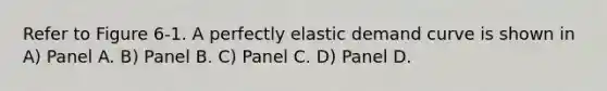 Refer to Figure 6-1. A perfectly elastic demand curve is shown in A) Panel A. B) Panel B. C) Panel C. D) Panel D.