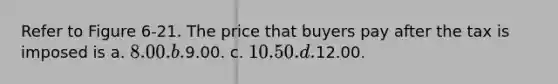 Refer to Figure 6-21. The price that buyers pay after the tax is imposed is a. 8.00. b.9.00. c. 10.50. d.12.00.