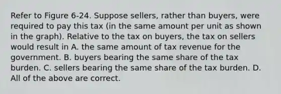 Refer to Figure 6-24. Suppose sellers, rather than buyers, were required to pay this tax (in the same amount per unit as shown in the graph). Relative to the tax on buyers, the tax on sellers would result in A. the same amount of tax revenue for the government. B. buyers bearing the same share of the tax burden. C. sellers bearing the same share of the tax burden. D. All of the above are correct.