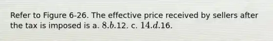 Refer to Figure 6-26. The effective price received by sellers after the tax is imposed is a. 8. b.12. c. 14. d.16.