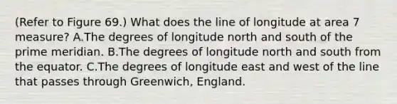 (Refer to Figure 69.) What does the line of longitude at area 7 measure? A.The degrees of longitude north and south of the prime meridian. B.The degrees of longitude north and south from the equator. C.The degrees of longitude east and west of the line that passes through Greenwich, England.