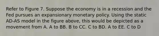 Refer to Figure 7. Suppose the economy is in a recession and the Fed pursues an expansionary monetary policy. Using the static AD-AS model in the figure above, this would be depicted as a movement from A. A to BB. B to CC. C to BD. A to EE. C to D