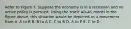 Refer to Figure 7. Suppose the economy is in a recession and no active policy is pursued. Using the static AD-AS model in the figure above, this situation would be depicted as a movement from A. A to B B. B to A C. C to B D. A to E E. C to D