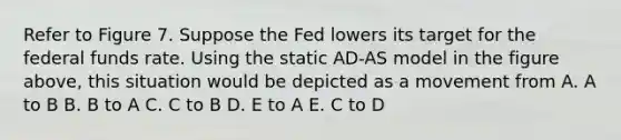 Refer to Figure 7. Suppose the Fed lowers its target for the federal funds rate. Using the static AD-AS model in the figure above, this situation would be depicted as a movement from A. A to B B. B to A C. C to B D. E to A E. C to D