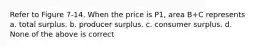 Refer to Figure 7-14. When the price is P1, area B+C represents a. total surplus. b. producer surplus. c. consumer surplus. d. None of the above is correct