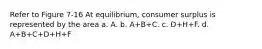 Refer to Figure 7-16 At equilibrium, consumer surplus is represented by the area a. A. b. A+B+C. c. D+H+F. d. A+B+C+D+H+F