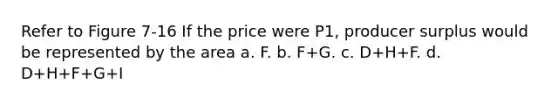 Refer to Figure 7-16 If the price were P1, producer surplus would be represented by the area a. F. b. F+G. c. D+H+F. d. D+H+F+G+I