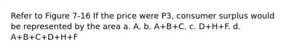 Refer to Figure 7-16 If the price were P3, consumer surplus would be represented by the area a. A. b. A+B+C. c. D+H+F. d. A+B+C+D+H+F