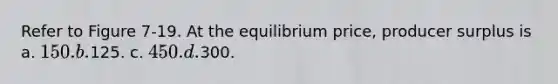 Refer to Figure 7-19. At the equilibrium price, producer surplus is a. 150. b.125. c. 450. d.300.