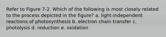 Refer to Figure 7-2. Which of the following is most closely related to the process depicted in the figure? a. light-independent reactions of photosynthesis b. electron chain transfer c. photolysis d. reduction e. oxidation