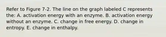 Refer to Figure 7-2. The line on the graph labeled C represents the: A. activation energy with an enzyme. B. activation energy without an enzyme. C. change in free energy. D. change in entropy. E. change in enthalpy.