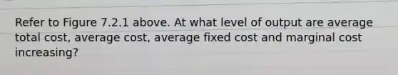 Refer to Figure 7.2.1 above. At what level of output are average total cost, average cost, average fixed cost and marginal cost increasing?