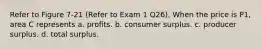 Refer to Figure 7-21 (Refer to Exam 1 Q26). When the price is P1, area C represents a. profits. b. consumer surplus. c. producer surplus. d. total surplus.