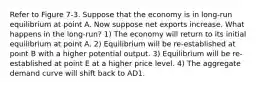 Refer to Figure 7-3. Suppose that the economy is in long-run equilibrium at point A. Now suppose net exports increase. What happens in the long-run? 1) The economy will return to its initial equilibrium at point A. 2) Equilibrium will be re-established at point B with a higher potential output. 3) Equilibrium will be re-established at point E at a higher price level. 4) The aggregate demand curve will shift back to AD1.