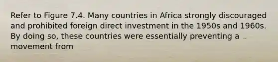 Refer to Figure 7.4. Many countries in Africa strongly discouraged and prohibited foreign direct investment in the 1950s and 1960s. By doing so, these countries were essentially preventing a movement from