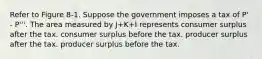 Refer to Figure 8-1. Suppose the government imposes a tax of P' - P'''. The area measured by J+K+I represents consumer surplus after the tax. consumer surplus before the tax. producer surplus after the tax. producer surplus before the tax.