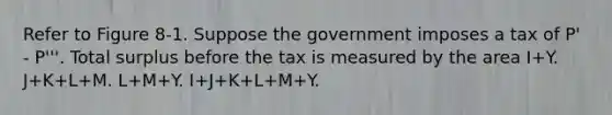 Refer to Figure 8-1. Suppose the government imposes a tax of P' - P'''. Total surplus before the tax is measured by the area I+Y. J+K+L+M. L+M+Y. I+J+K+L+M+Y.