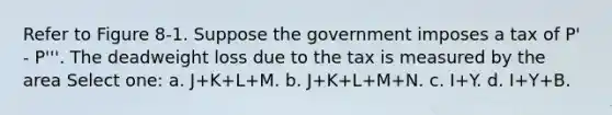 Refer to Figure 8-1. Suppose the government imposes a tax of P' - P'''. The deadweight loss due to the tax is measured by the area Select one: a. J+K+L+M. b. J+K+L+M+N. c. I+Y. d. I+Y+B.