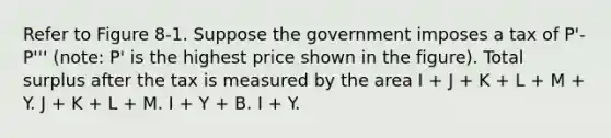 Refer to Figure 8-1. Suppose the government imposes a tax of P'-P''' (note: P' is the highest price shown in the figure). Total surplus after the tax is measured by the area I + J + K + L + M + Y. J + K + L + M. I + Y + B. I + Y.