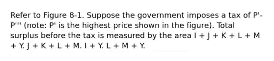 Refer to Figure 8-1. Suppose the government imposes a tax of P'-P''' (note: P' is the highest price shown in the figure). Total surplus before the tax is measured by the area I + J + K + L + M + Y. J + K + L + M. I + Y. L + M + Y.