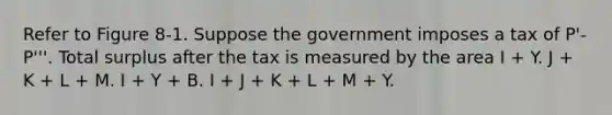 Refer to Figure 8-1. Suppose the government imposes a tax of P'-P'''. Total surplus after the tax is measured by the area I + Y. J + K + L + M. I + Y + B. I + J + K + L + M + Y.