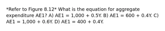 *Refer to Figure 8.12* What is the equation for aggregate expenditure AE1? A) AE1 = 1,000 + 0.5Y. B) AE1 = 600 + 0.4Y. C) AE1 = 1,000 + 0.6Y. D) AE1 = 400 + 0.4Y.