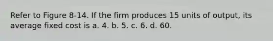 Refer to Figure 8-14. If the firm produces 15 units of output, its average fixed cost is a. 4. b. 5. c. 6. d. 60.