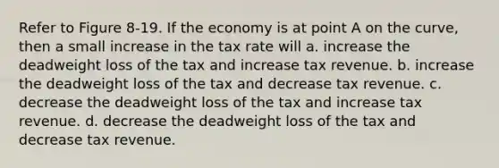 Refer to Figure 8-19. If the economy is at point A on the curve, then a small increase in the tax rate will a. increase the deadweight loss of the tax and increase tax revenue. b. increase the deadweight loss of the tax and decrease tax revenue. c. decrease the deadweight loss of the tax and increase tax revenue. d. decrease the deadweight loss of the tax and decrease tax revenue.