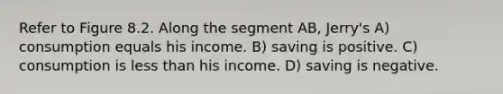 Refer to Figure 8.2. Along the segment AB, Jerry's A) consumption equals his income. B) saving is positive. C) consumption is less than his income. D) saving is negative.