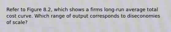 Refer to Figure 8.2, which shows a firms long-run average total cost curve. Which range of output corresponds to diseconomies of scale?