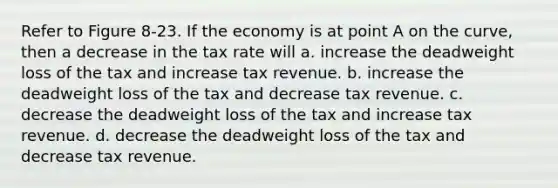 Refer to Figure 8-23. If the economy is at point A on the curve, then a decrease in the tax rate will a. increase the deadweight loss of the tax and increase tax revenue. b. increase the deadweight loss of the tax and decrease tax revenue. c. decrease the deadweight loss of the tax and increase tax revenue. d. decrease the deadweight loss of the tax and decrease tax revenue.