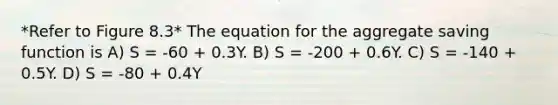 *Refer to Figure 8.3* The equation for the aggregate saving function is A) S = -60 + 0.3Y. B) S = -200 + 0.6Y. C) S = -140 + 0.5Y. D) S = -80 + 0.4Y