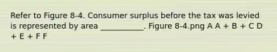 Refer to Figure 8-4. Consumer surplus before the tax was levied is represented by area ___________. Figure 8-4.png A A + B + C D + E + F F