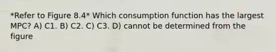 *Refer to Figure 8.4* Which consumption function has the largest MPC? A) C1. B) C2. C) C3. D) cannot be determined from the figure