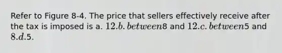 Refer to Figure 8-4. The price that sellers effectively receive after the tax is imposed is a. 12. b. between8 and 12. c. between5 and 8. d.5.