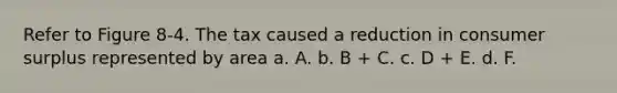 Refer to Figure 8-4. The tax caused a reduction in consumer surplus represented by area a. A. b. B + C. c. D + E. d. F.