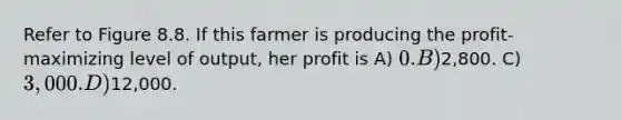 Refer to Figure 8.8. If this farmer is producing the profit-maximizing level of output, her profit is A) 0. B)2,800. C) 3,000. D)12,000.