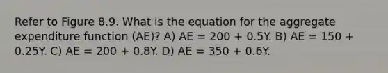 Refer to Figure 8.9. What is the equation for the aggregate expenditure function (AE)? A) AE = 200 + 0.5Y. B) AE = 150 + 0.25Y. C) AE = 200 + 0.8Y. D) AE = 350 + 0.6Y.