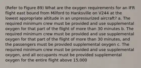 (Refer to Figure 89) What are the oxygen requirements for an IFR flight east bound from Milford to Hanksville on V244 at the lowest appropriate altitude in an unpressurized aircraft? a. The required minimum crew must be provided and use supplemental oxygen for that part of the flight of more than 30 minutes b. The required minimum crew must be provided and use supplemental oxygen for that part of the flight of more than 30 minutes, and the passengers must be provided supplemental oxygen c. The required minimum crew must be provided and use supplemental oxygen, and all occupants must be provided supplemental oxygen for the entire flight above 15,000