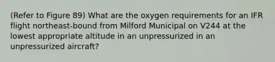 (Refer to Figure 89) What are the oxygen requirements for an IFR flight northeast-bound from Milford Municipal on V244 at the lowest appropriate altitude in an unpressurized in an unpressurized aircraft?