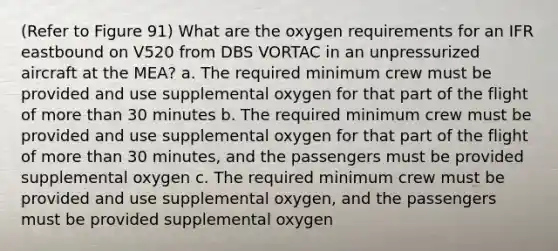 (Refer to Figure 91) What are the oxygen requirements for an IFR eastbound on V520 from DBS VORTAC in an unpressurized aircraft at the MEA? a. The required minimum crew must be provided and use supplemental oxygen for that part of the flight of more than 30 minutes b. The required minimum crew must be provided and use supplemental oxygen for that part of the flight of more than 30 minutes, and the passengers must be provided supplemental oxygen c. The required minimum crew must be provided and use supplemental oxygen, and the passengers must be provided supplemental oxygen