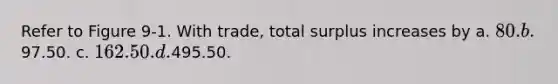 Refer to Figure 9-1. With trade, total surplus increases by a. 80. b.97.50. c. 162.50. d.495.50.