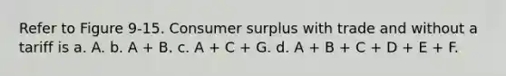 Refer to Figure 9-15. <a href='https://www.questionai.com/knowledge/k77rlOEdsf-consumer-surplus' class='anchor-knowledge'>consumer surplus</a> with trade and without a tariff is a. A. b. A + B. c. A + C + G. d. A + B + C + D + E + F.