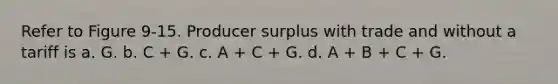 Refer to Figure 9-15. Producer surplus with trade and without a tariff is a. G. b. C + G. c. A + C + G. d. A + B + C + G.