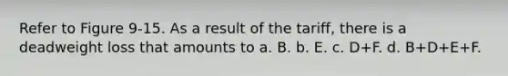 Refer to Figure 9-15. As a result of the tariff, there is a deadweight loss that amounts to a. B. b. E. c. D+F. d. B+D+E+F.