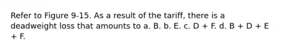 Refer to Figure 9-15. As a result of the tariff, there is a deadweight loss that amounts to a. B. b. E. c. D + F. d. B + D + E + F.