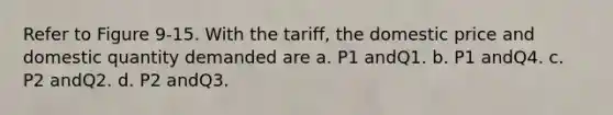 Refer to Figure 9-15. With the tariff, the domestic price and domestic quantity demanded are a. P1 andQ1. b. P1 andQ4. c. P2 andQ2. d. P2 andQ3.