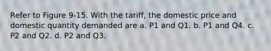 Refer to Figure 9-15. With the tariff, the domestic price and domestic quantity demanded are a. P1 and Q1. b. P1 and Q4. c. P2 and Q2. d. P2 and Q3.