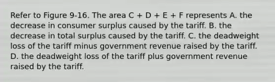 Refer to Figure 9-16. The area C + D + E + F represents A. the decrease in consumer surplus caused by the tariff. B. the decrease in total surplus caused by the tariff. C. the deadweight loss of the tariff minus government revenue raised by the tariff. D. the deadweight loss of the tariff plus government revenue raised by the tariff.